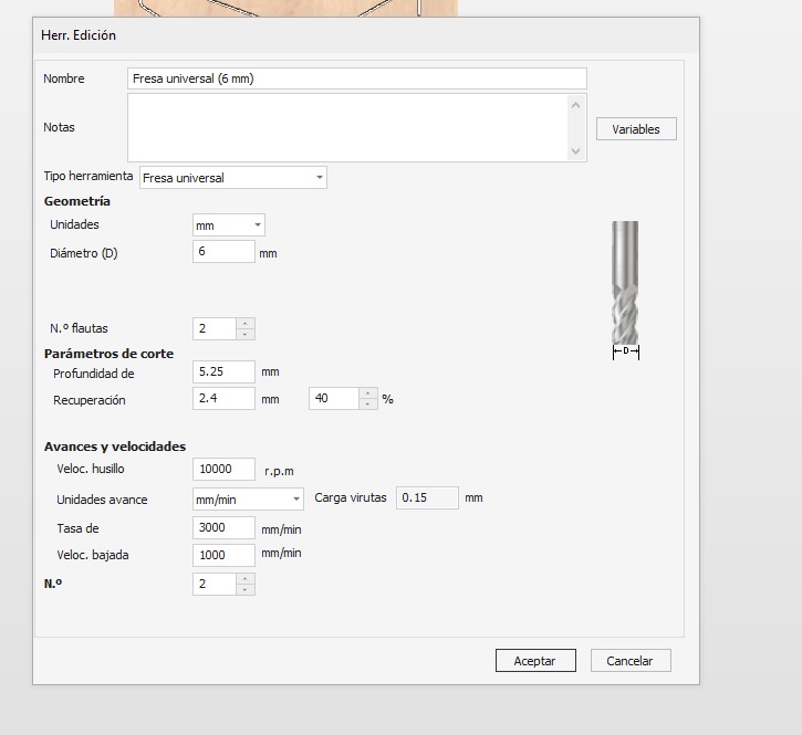 Aspire tool configuration for CNC cutting parameters
